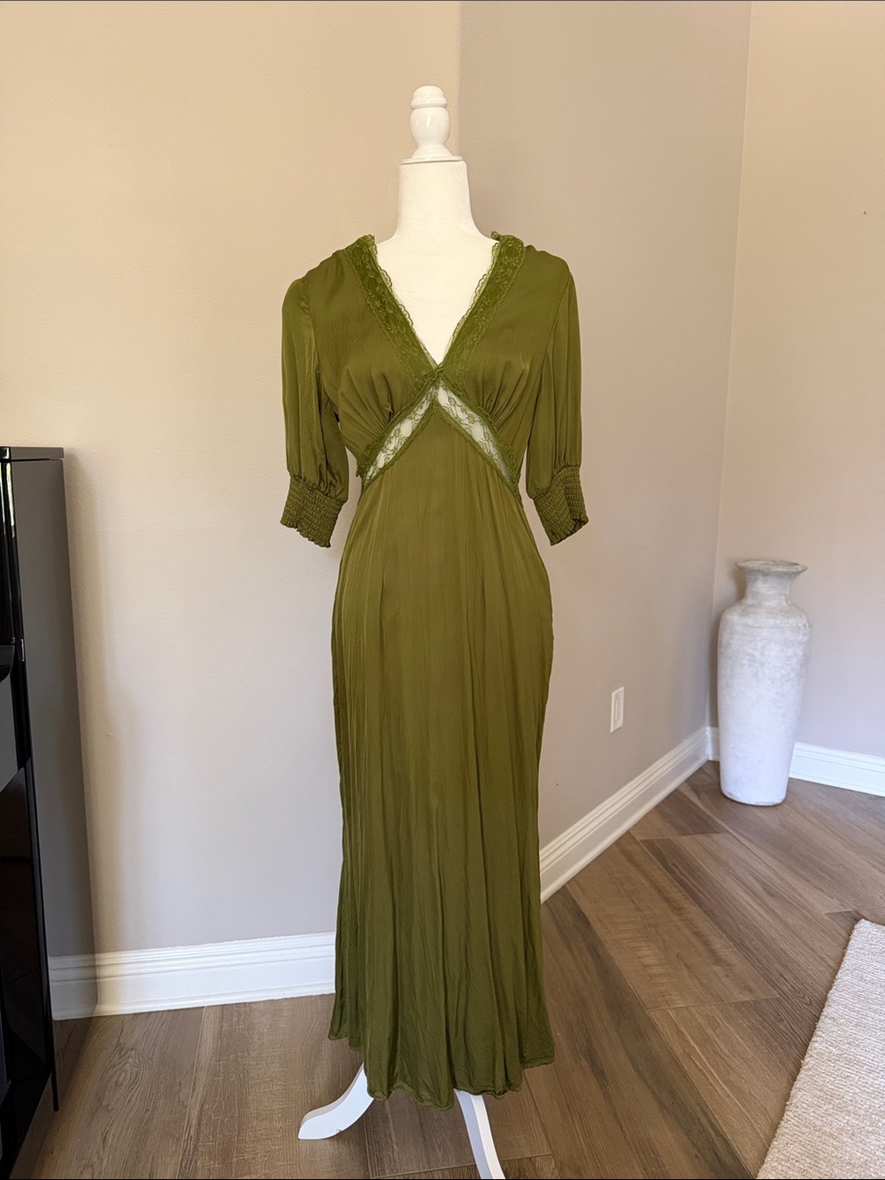 Never Fully Dressed Olive Green Lace-Trim Maxi Dress